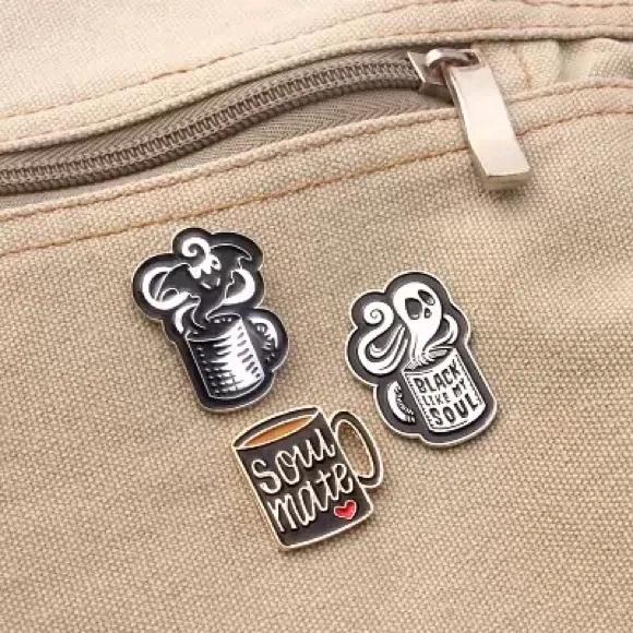 Goth Ghost Horror Coffee Mug Cup “Black Like My Soul” Metal Enamel Pin Brooch - Picture 7 of 11